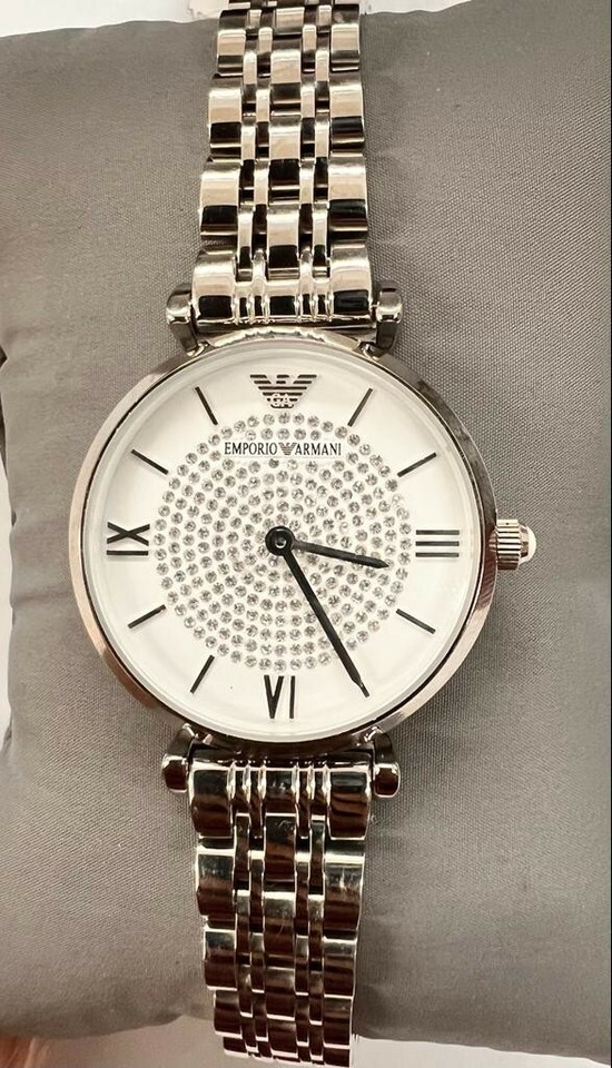 EMPORIO ARMANI White Crystal Pave Dial Stainless Steel Ladies Watch ...