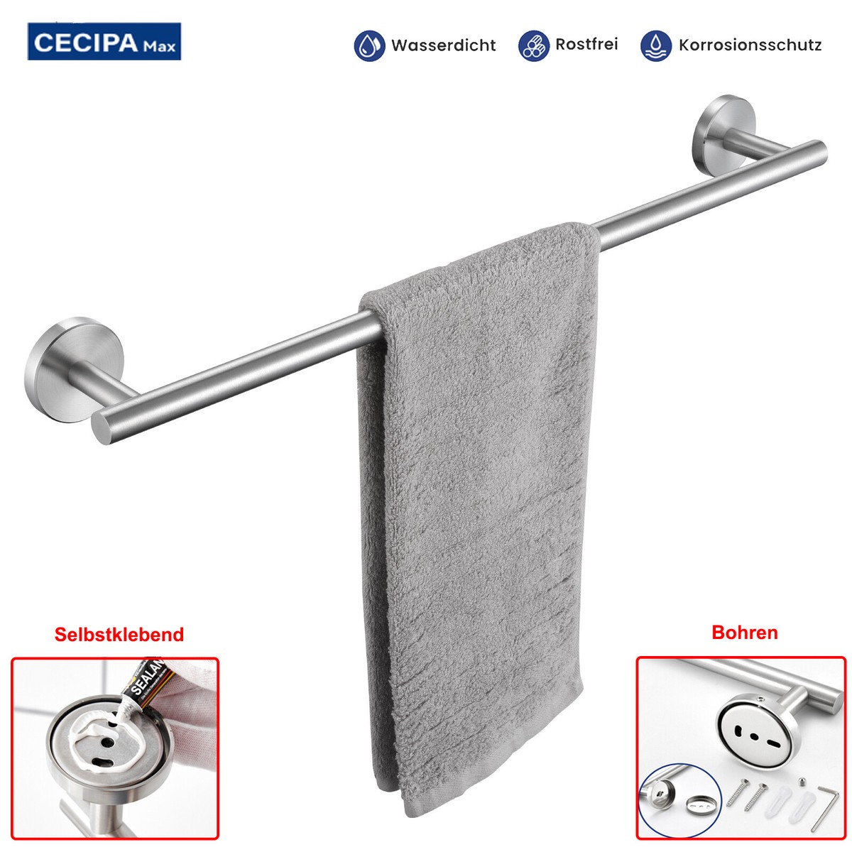 Verstellbarer Handtuchhalter Selbstklebend - Teleskopierbar Von 22,8 Bis 38,3 Cm