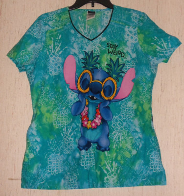 EXCELLENT WOMENS Disney's Stitch ''STAY WEIRD'' PINEAPPLE PRINT SCRUBS TOP  SIZE S