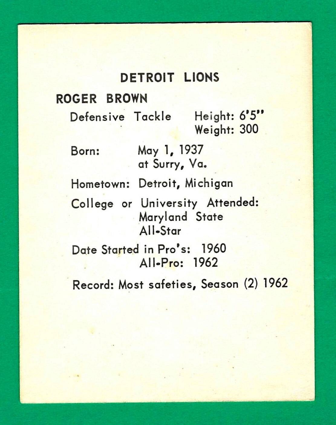 1963 Kahn's Football Roger Brown Detroit Lions