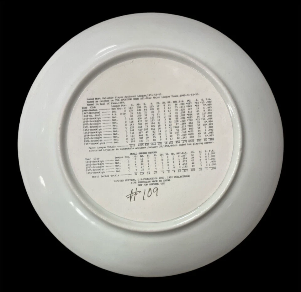 1992 ROY CAMPANELLA 3X NL MVP 签名 PORCELAIN 10 英寸盘子 #109/2000 正品证书 WM 10224 — 第 3/4 张图片