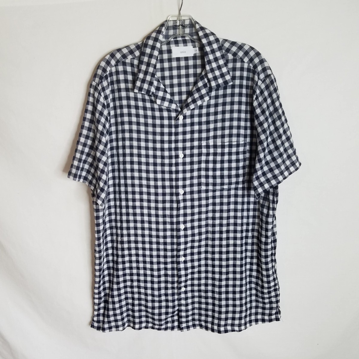 芽風、グレー青に波模様テントＴシャツ Onia Blue White Plaid Button Front Short Sleeve Camp Shirt