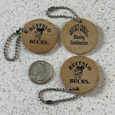 Lot of 3 Buffalo Bucks Rocket Games Wooden Nickels Keychains Key Rings #48171