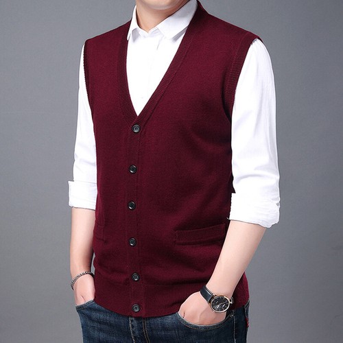 Men's Sweater Vest V Neck Button Cardigan Sleeveless Basic Knitted Work Casual - Bild 3 von 18