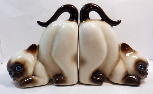 Vintage Lefton verspielte siamesische Katze Kätzchen Buchstützen 60er Jahre? KERAMIK KERAMIK mit ETIKETTEN
