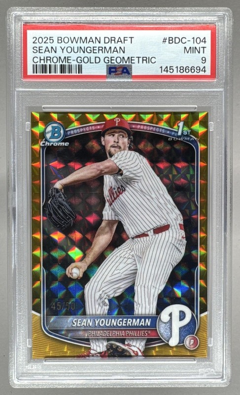 Sean Youngerman 2025 Bowman Draft Gold Geometric Refractor Chrome 1st /50 PSA 9