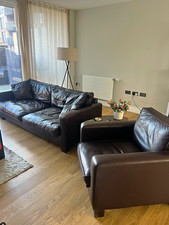 Brown Leather 4-Seater Sofa Modern Pad Arms 220x105x100cm & Armchair