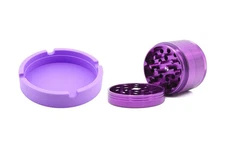 2Pc Set Small 40mm 4 Piece Purple Metal Tobacco Grinder & Purple Ashtray