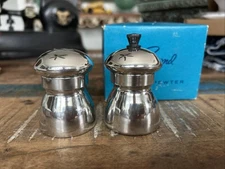 Vintage Raimond Polished Pewter Salt Shaker & Pepper Mill Set New Old Stock NIB