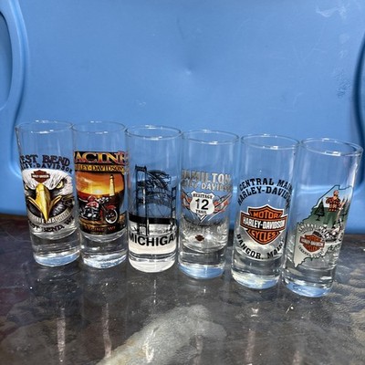 (E)Lot of 6 Harley Davidson Dealer Shot Glasses Souvenir Shooters Tall 4 