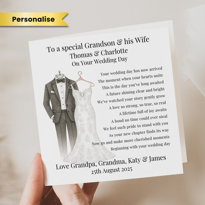 Personalisierte Hochzeitstagskarte für Enkel und Frau auf Ihrer Hochzeit Gedichtkarte
