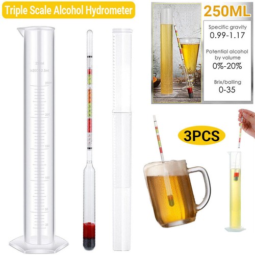 3PCS/Set Triple Scale Alcohol Hydrometer and Test Jar for Home Brew Wine 2025