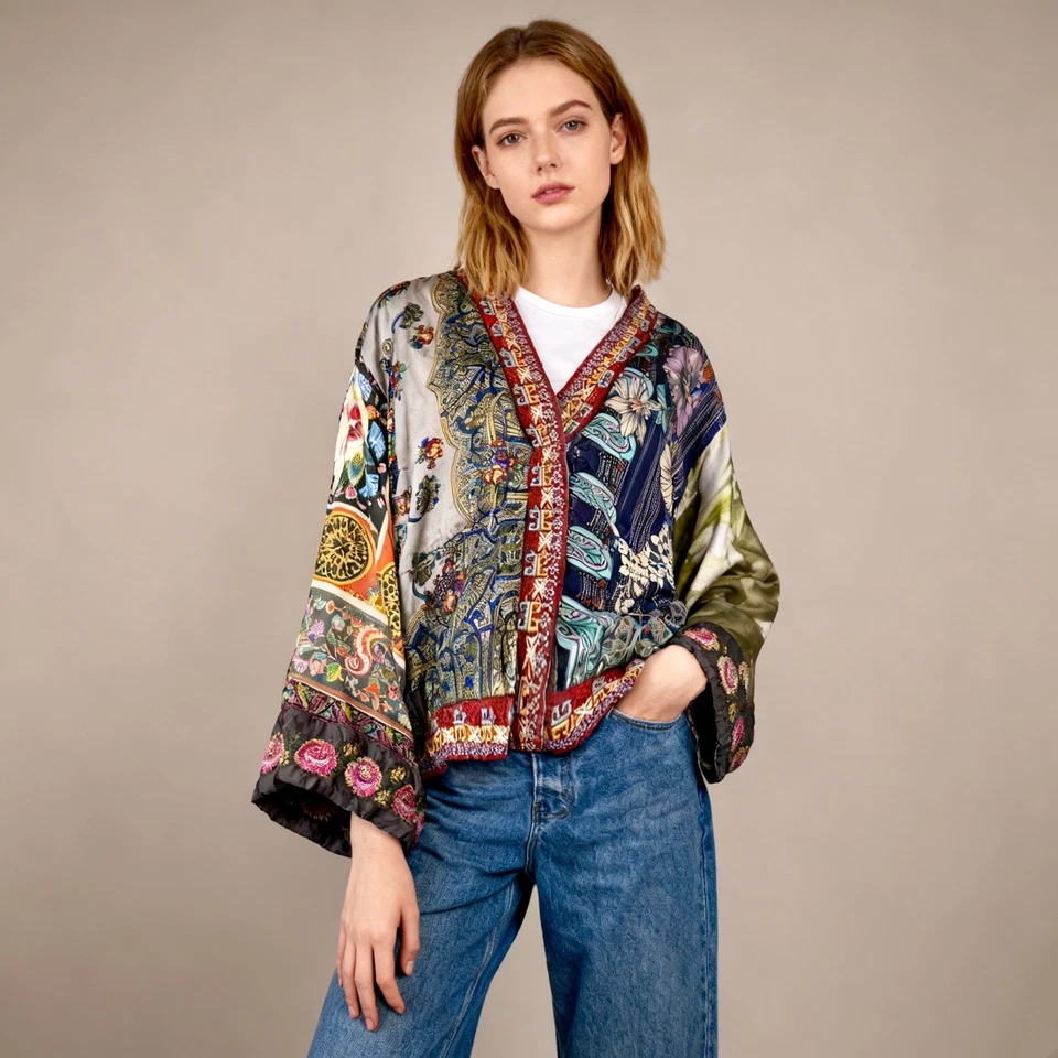 $650 NWOT Johnny Was Reversible Embroidered Silk Kimono Jacket Multi Size M - Image 2 of 4
