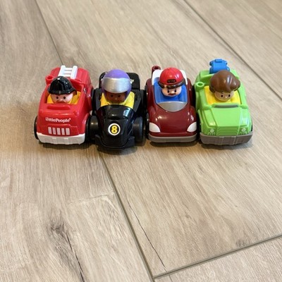 Fisher Price Little People Wheelies Lot Of 4 Fire Truck Race Car Girl Green Car