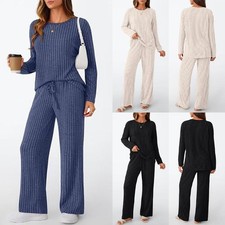 2PCS Ladies Lounge Wear Tracksuit Ribbed Knit Casual Baggy Tops Pocket Pants Set