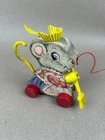 Vtg Fisher Price Merry Mousewife Wood Pull Toy Sweeping Mouse Works 1962