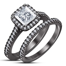 2 CT Princess Cut Lab Created Diamond Wedding Bridal Ring Set 14k Black Gold FN