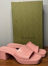 GUCCI Pink Rubber Platform Block Heel Mules Slides Sandal Shoe SZ 37 W/box