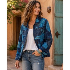 Chico's Blue Patchwork Applique Jacket Sz 2 Embroidered Floral Raw Edge Artisan