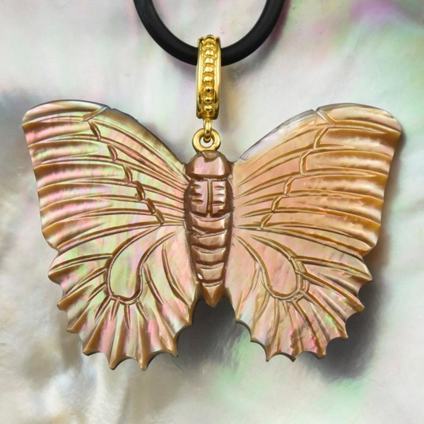 Alternate view of Carved Multicolor Shell Butterfly Pendant Gold Vermeil Sterling Silver 7.34g