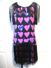 VERSACE Rare Signred SILK Pink Hearts Black Fringed Flapper Dress Size 4