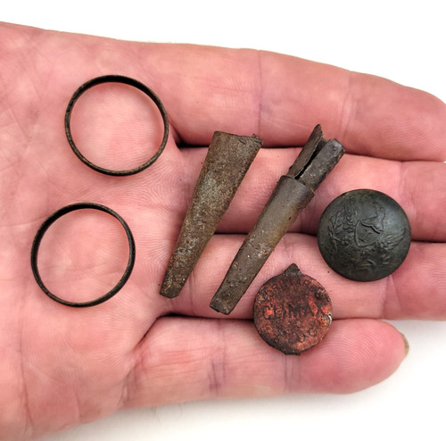 Fur Trade Brass Infantry Button, Trade Rings, Tinklers - 6 Pcs - Cass Co, MN