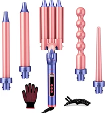 Curling Iron Wand Set, 5 in 1 Hair Curler with 3 Barrel Crimper, Fast Heat up Cu