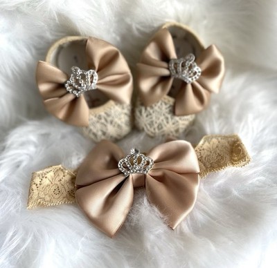 Baby Shoes Headband Set Tan Cream with Bow And Crown NEW - Gift For Baby
