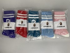 A Bathing Ape Unisex Crew Socks 5-Pack Multicolor Ribbed Ape Head Striped Cotton