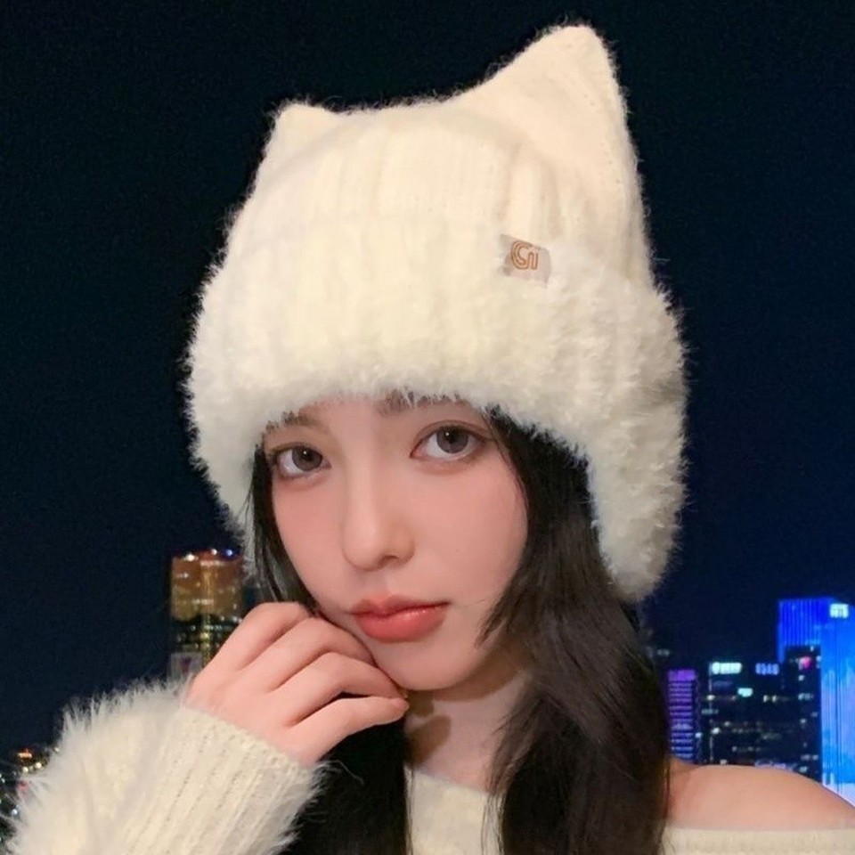 Cat Checking Weather Women's Winter Knit Hat with Cat Ears Warm For beanie for Cold Weather ...