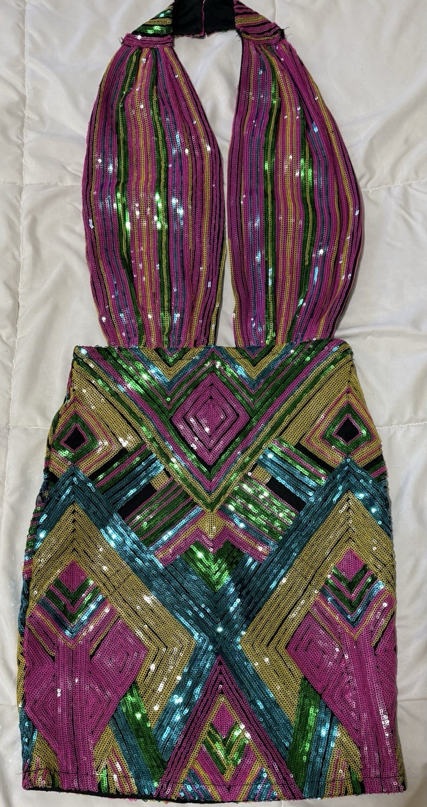 Moda Nova Lentejuelas Sexy Halter Mini Vestido XS Festival Baddie Slay Coachella Club