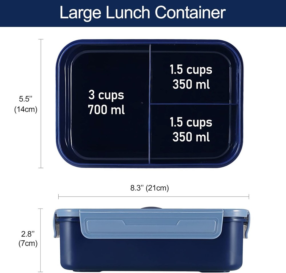 Classic Bento Box Adult Lunch Box 47Oz 3-Compartment Leakproof Contain Navy Blue