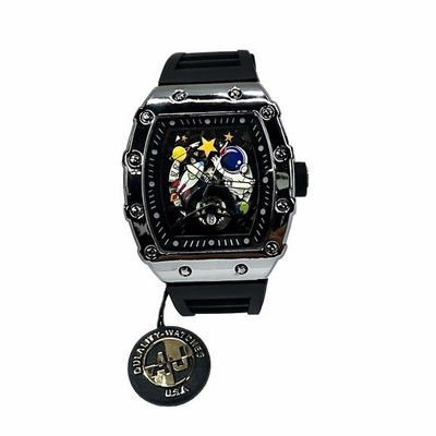 Richie Wild Men s 45MM Astronaut Dial Watch | Silver Case | Black Strap | Quartz