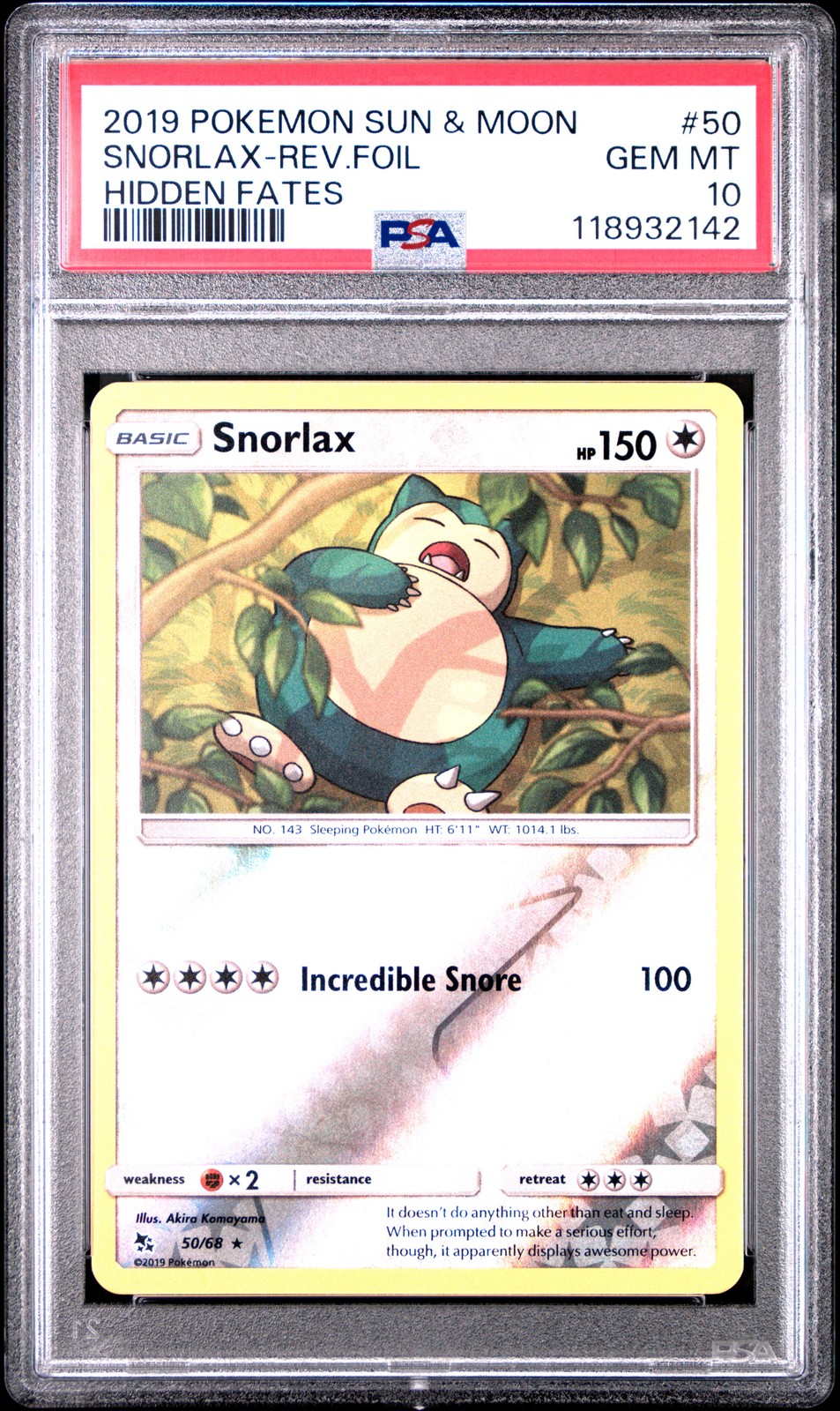 2019 POKEMON SUN & MOON HIDDEN FATES #50 SNORLAX-REVERSE FOIL PSA 10