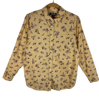 Lands' End Yellow Floral 100% Cotton Long Roll Tab Sleeve Collared Button Up M