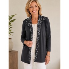 Chico's Travelers Size 2 Black Floral Open Front Jacket Acetate USA