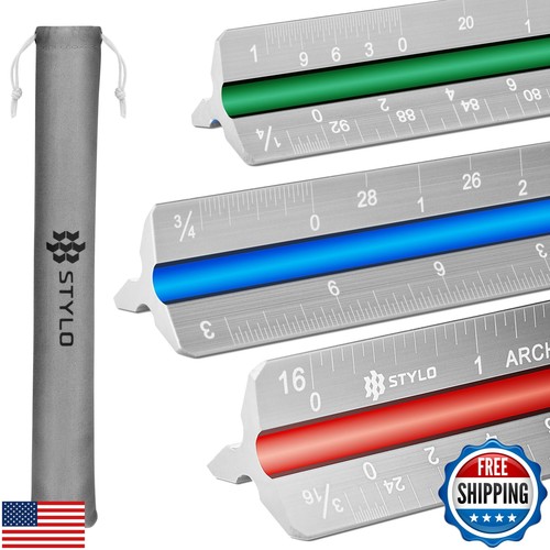 Stylo 12" Aluminum Architect Scale Ruler Laser Etched Triangle Drafting Ruler