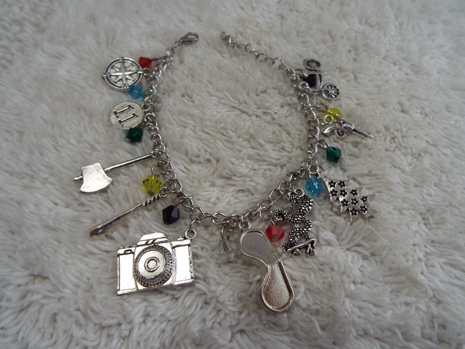 Silvertone Christmas Tree Compass Rose Bat Bike Camera Charm Bracelet C70
