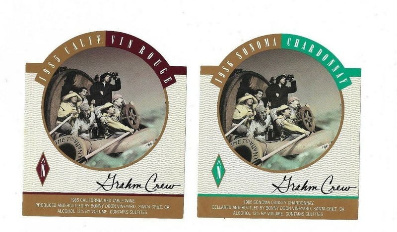 Two BONNY DOON unused wine labels "Graham Crew" 1985 VIN ROUGE, SONOMA CHARDONAY