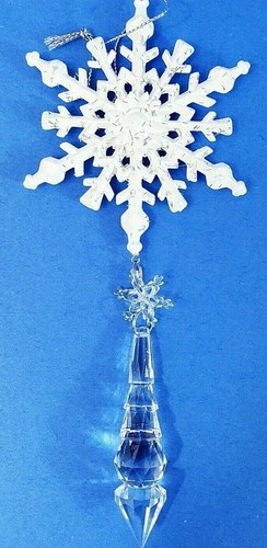 Snowflake Ornaments Set Of 8 Glittered W/Crystal Like Dangles Ornaments 7" Long - Picture 2 of 6