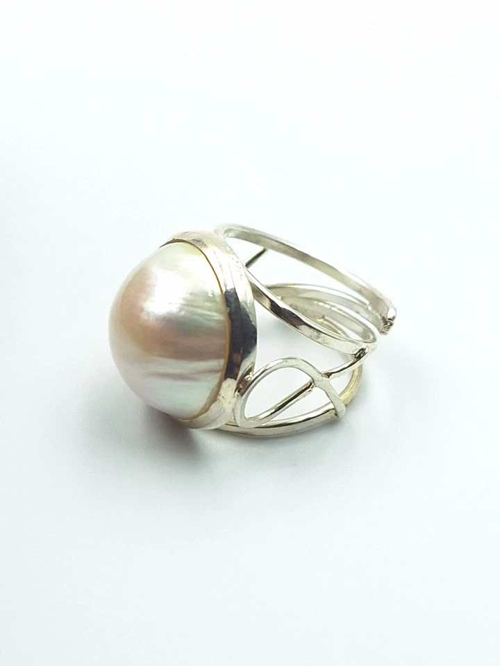 Anello Artigianale Da Donna In Argento 925 Perla 17 MM Australiana Oro Bianco  - Immagine 3 di 4