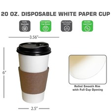 50 Pack - 20 oz. Disposable White Paper Coffee Tea Cups with Lids and Sleeves