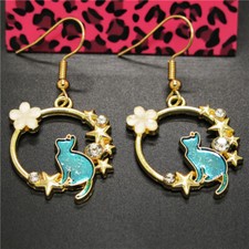 New Fashion Lady Blue Enamel Cute Cat Flower Girls Women Stand Hook Earrings