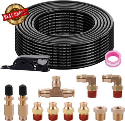 50FT 1/4 Air Hose Brass Fittings Kit 11Pcs 1/4'' OD Quick Push to Connect DOT Bra