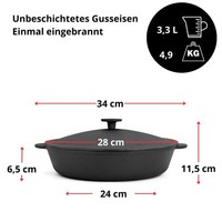 Ø28-36 Cm Pfanne Deckel Gusseisen BräTer Schmortopf Zwei Griffe Servierpfanne