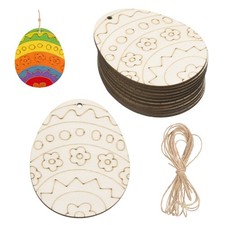 24Pcs 3" x 2.5" Wooden Egg Cutouts Ornaments with Rope for DIY Decor