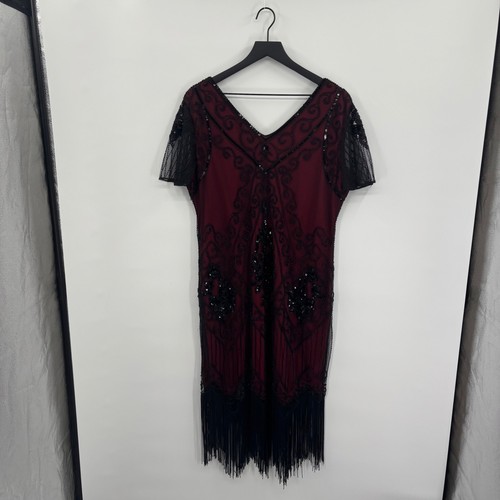 Womens Flapper Dress Burgundy Black Beaded Fringe V Neck Short Sleeve Gatsby - Picture 2 of 23