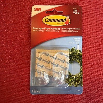 3M Command Clear Medium Hooks, Clear, Holds 2 lb, 2 Hooks, 4str