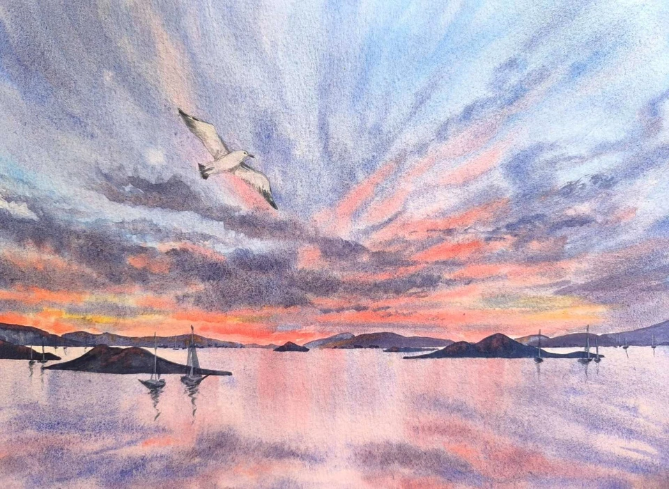 Obra de arte original pintura moderna paisagem LAGUNA BEACH OCEAN BIRD paisagem marítima A4 - Imagem 2 de 4