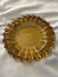 Ornate 4 Lb 10” Glass Ashtray Amber Orange Yellow